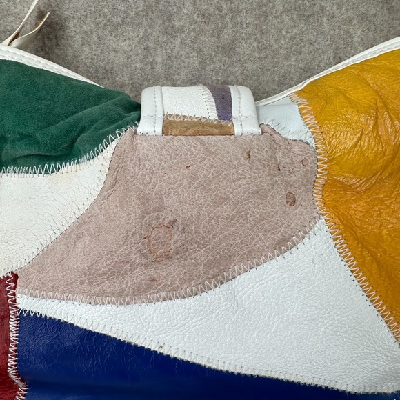 Vintage 80s Leather Patchwork Ladies Handbag Purse Crossbody Multicolor White - Picture 7 of 12